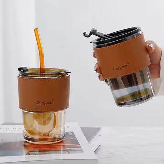 Elegant Glass Coffee Mug with Straw 400ML