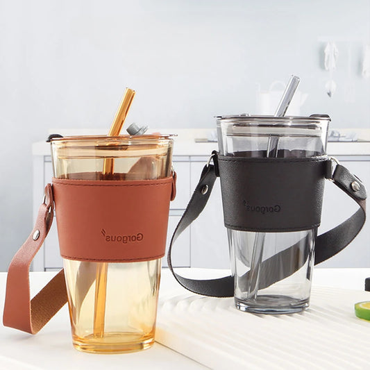 Elegant  Glass Coffee Mug with Straw-500ml